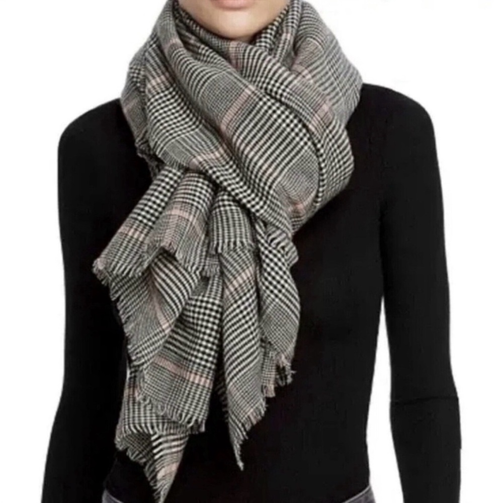 ALLSAINTS Black Ivory Orange Glen Plaid Wool Blend Fringe Scarf
